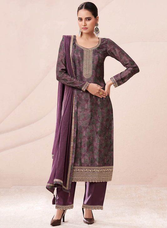 Party Wear Unstitched Chinon Suit Dress Material Printed with Embroidery