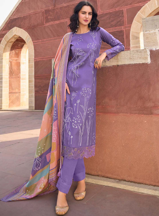 Pure Lawn Cotton Printed Purple Unstitched Suit Material for Women