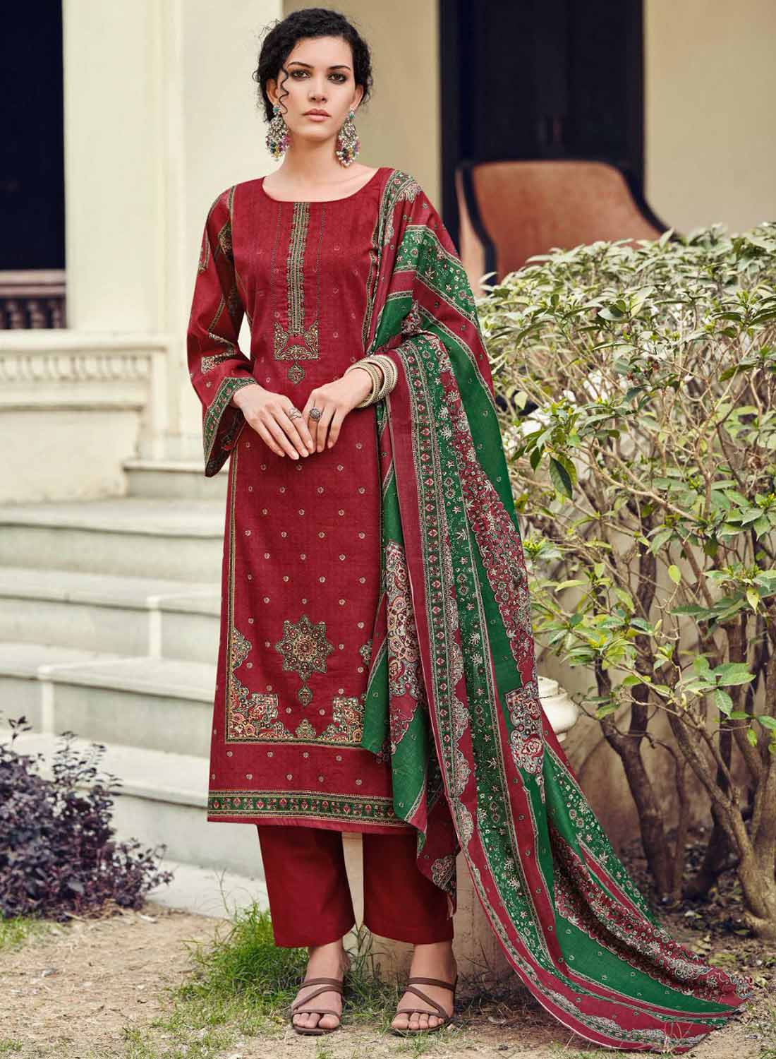 Mumtaz Arts Pure Viscose Cotton Red Unstitched Salwar Suit Material