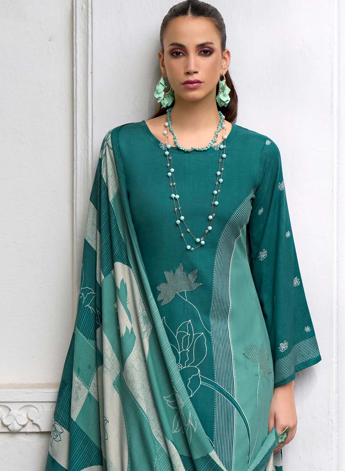 Women Unstitched Winter Woolen Suit Dress Material with Shawl Dupatta