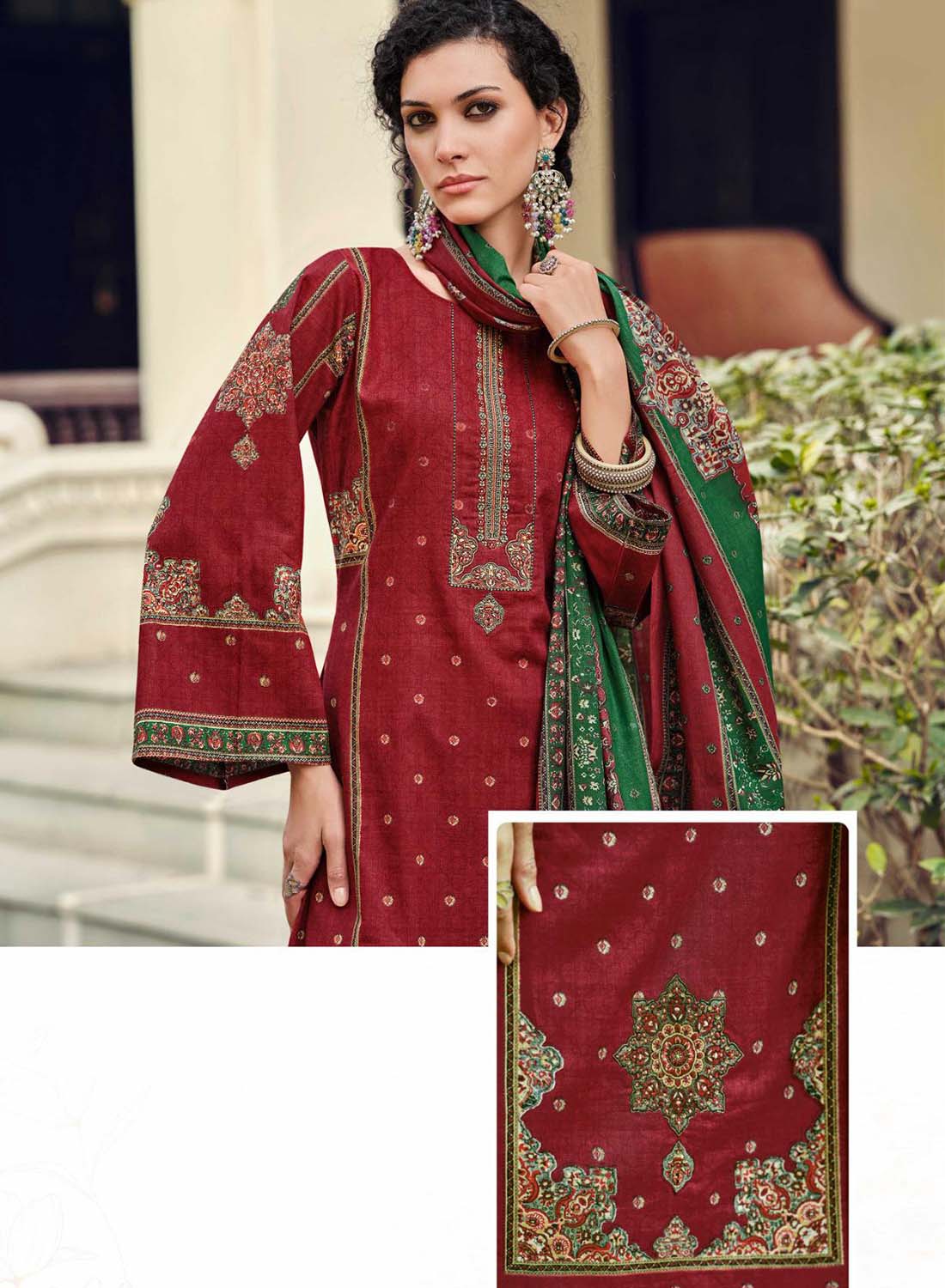 Mumtaz Arts Pure Viscose Cotton Red Unstitched Salwar Suit Material