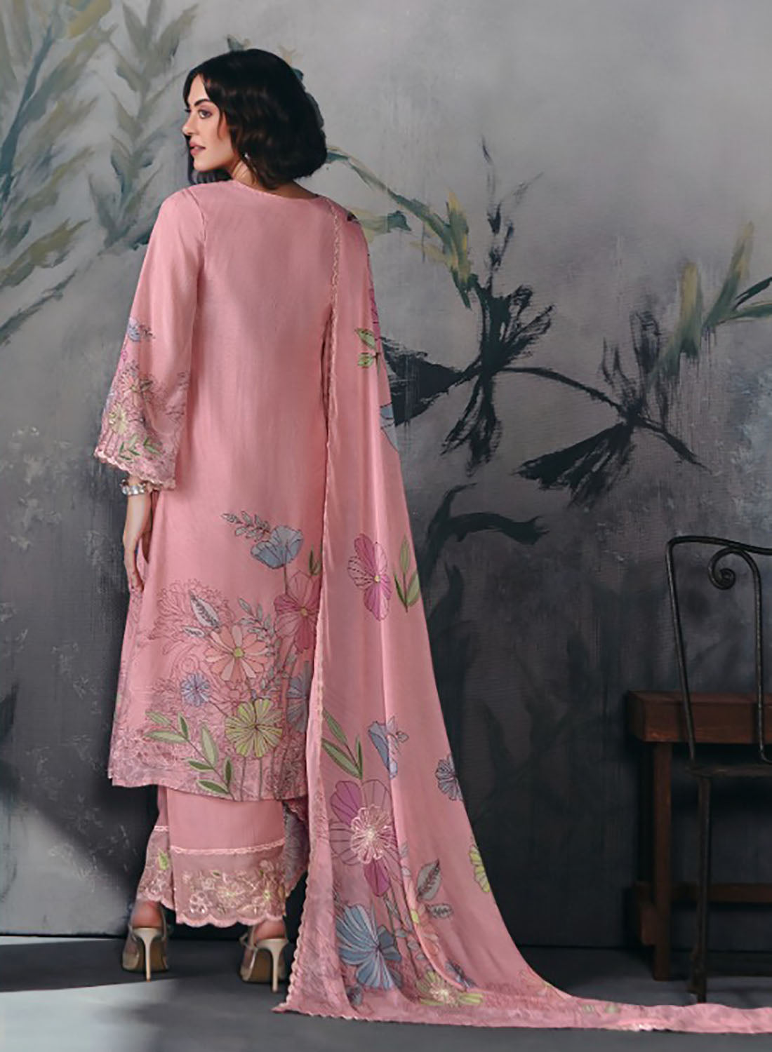 Pink Party Wear Muslin Unstitched Salwar Suit Material with Embroidery