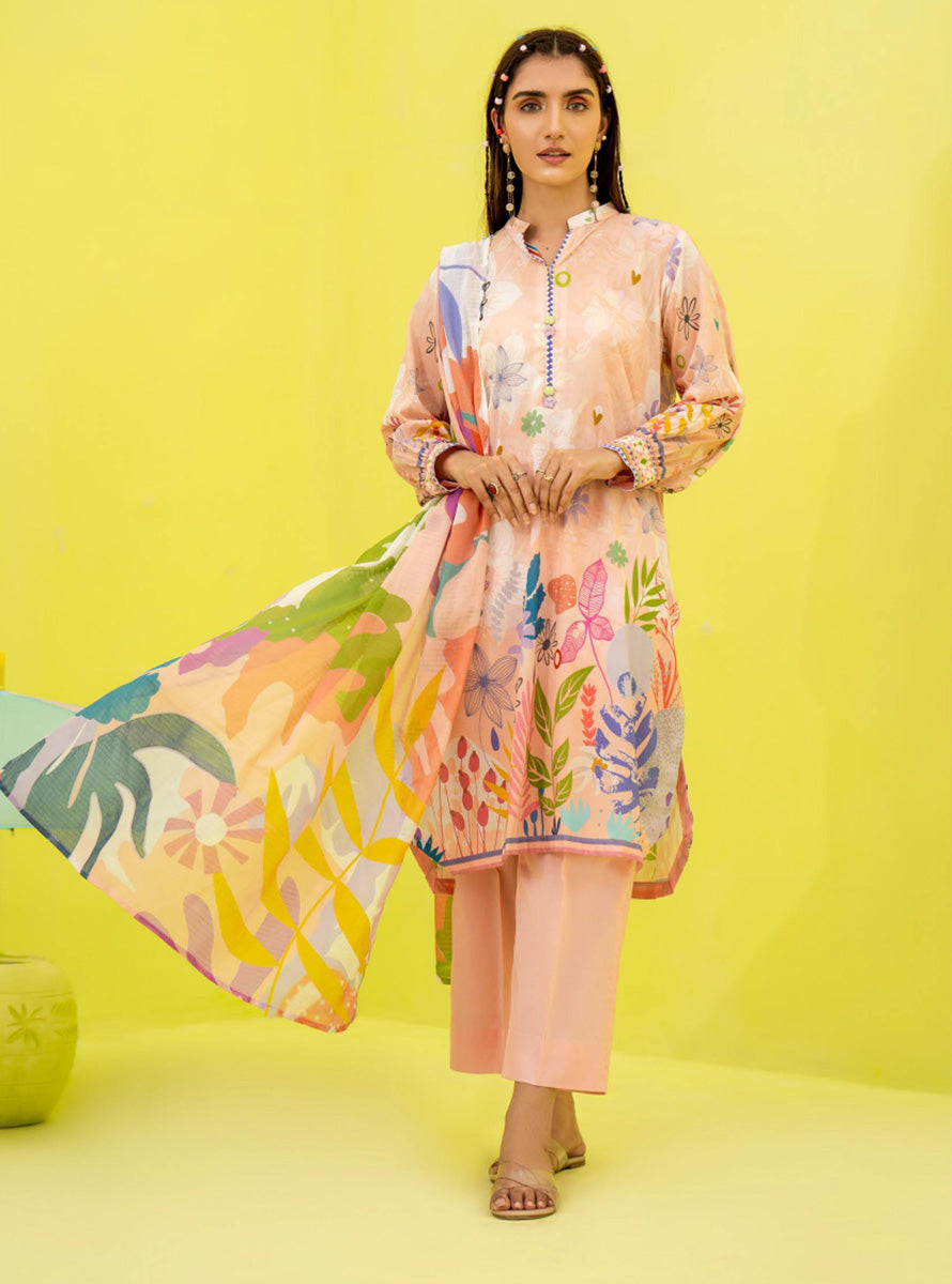Pure Lawn Pakistani Printed Suit Material with Dupatta Popinn Orange