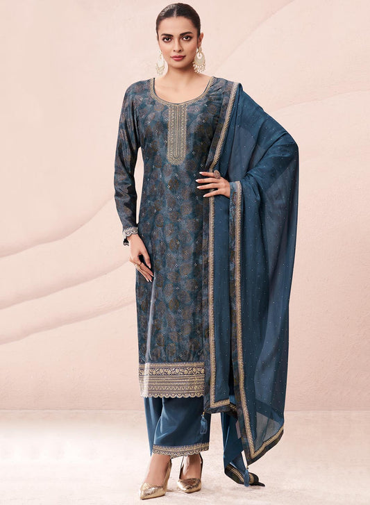 Party Wear Blue Unstitched Chinon Suit Material Printed with Embroidery