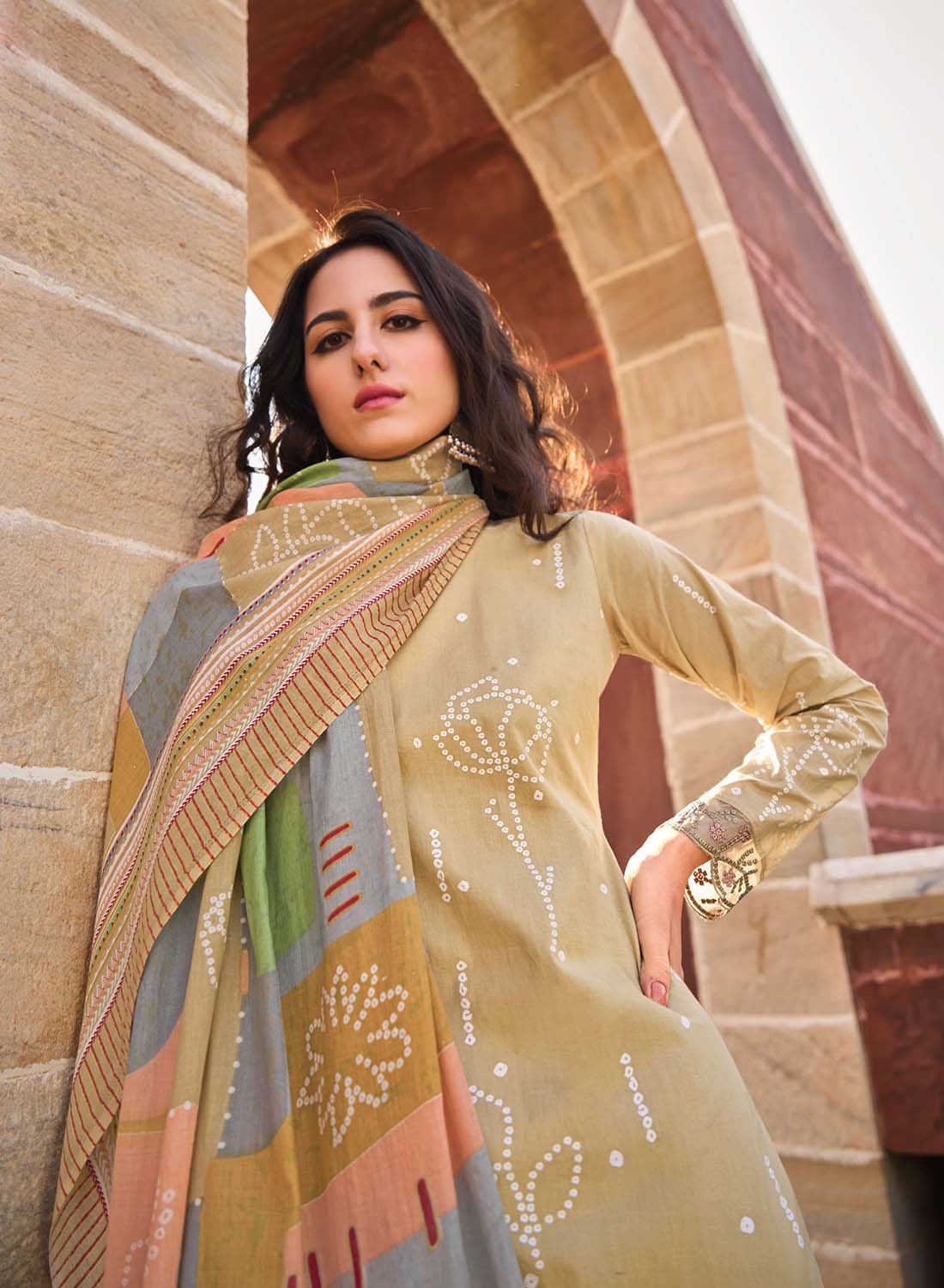 Pure Lawn Cotton Beige Unstitched Salwar Suit Material for Women