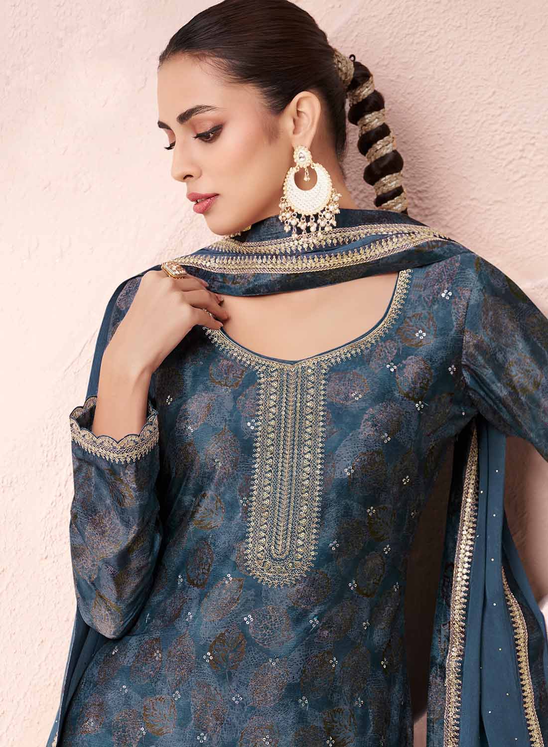 Party Wear Blue Unstitched Chinon Suit Material Printed with Embroidery