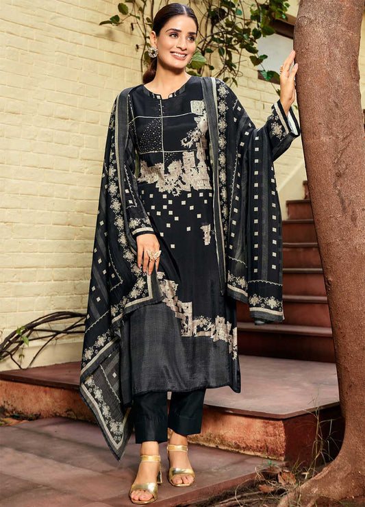 Party Wear Pure Muslin Unstitched Black Salwar Suit Material for Women