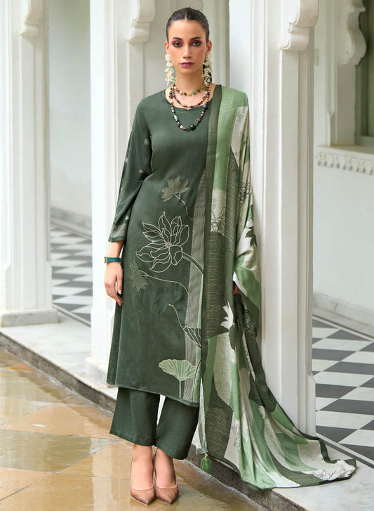 Green Unstitched Winter Woolen Salwar Suit Dress Material for Women