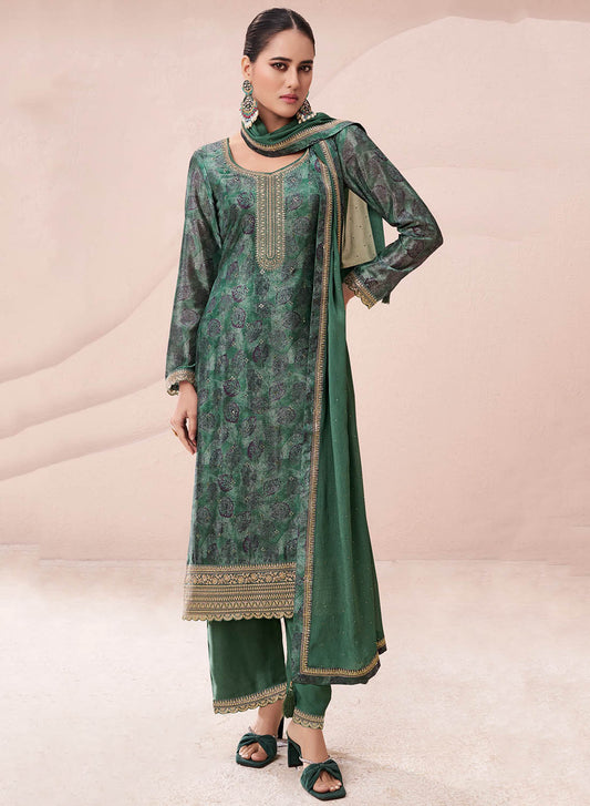 Party Wear Green Unstitched Chinon Suit Material Print with Embroidery