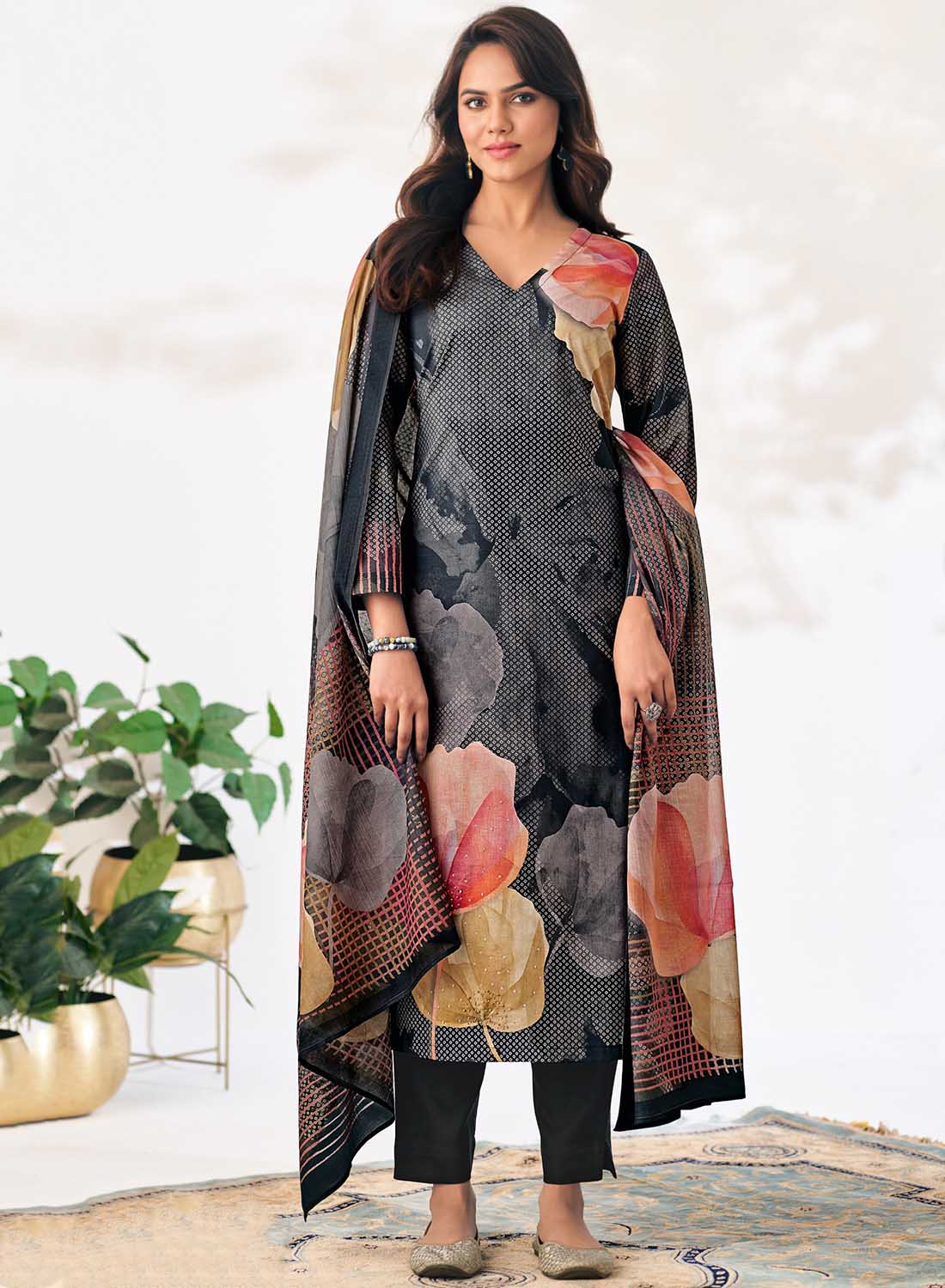 Black Pure Cotton Lawn Printed Unstitched Suit Dress Material