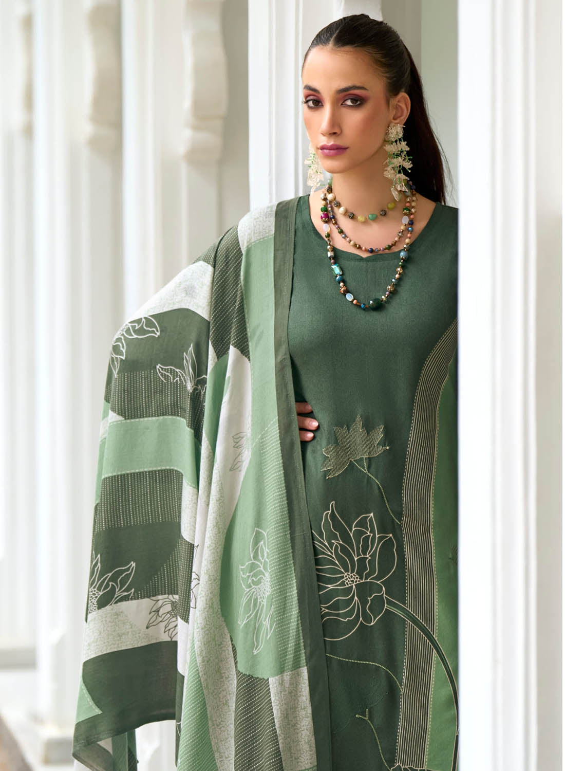 Green Unstitched Winter Woolen Salwar Suit Dress Material for Women