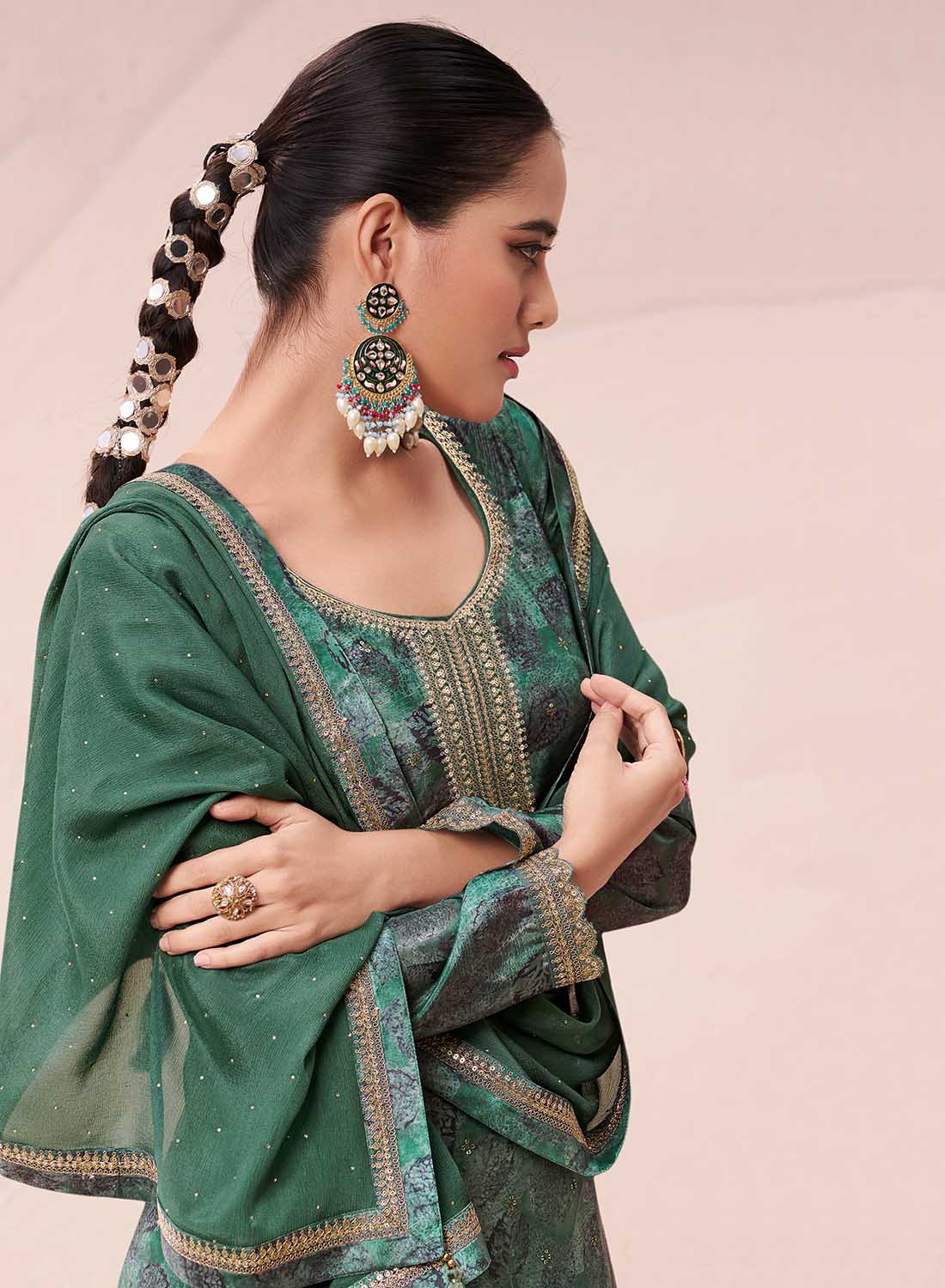 Party Wear Green Unstitched Chinon Suit Material Print with Embroidery