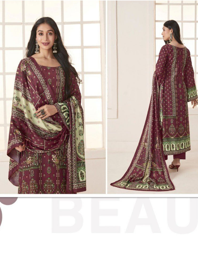 Yesfab Pakistani Print Red Winter Woolen Suits Dress Material YesFab