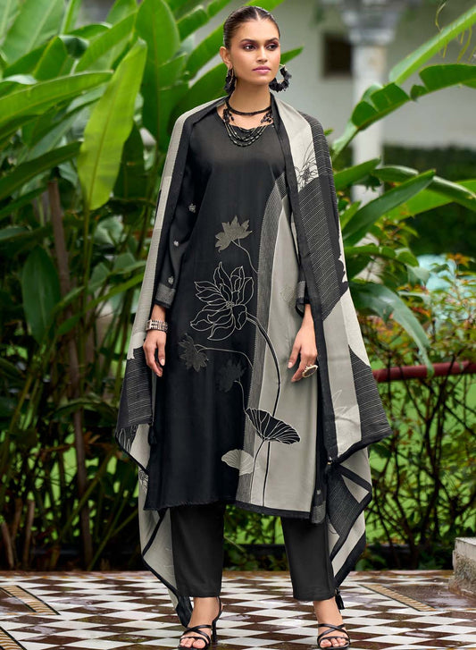 Black Unstitched Winter Woolen Salwar Suit Dress Material for Women