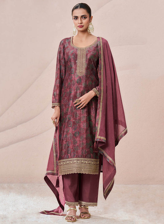 Party Wear Unstitched Chinon Suit Material Printed with Embroidery