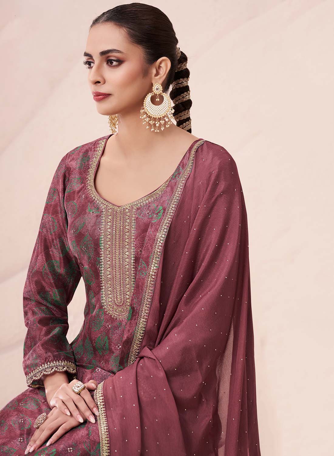 Party Wear Unstitched Chinon Suit Material Printed with Embroidery