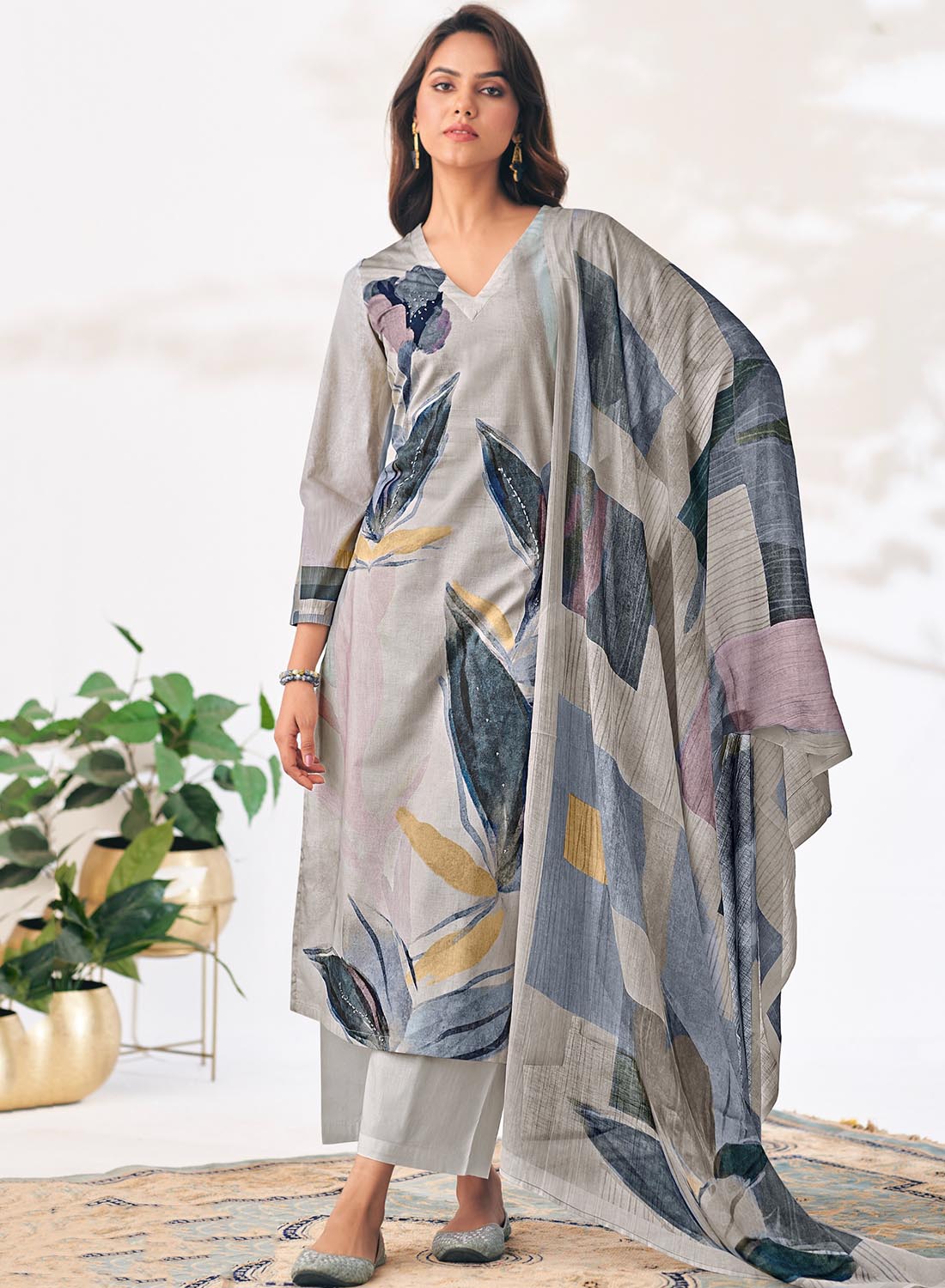 Grey Pure Cotton Lawn Printed Unstitched Suit Dress Material