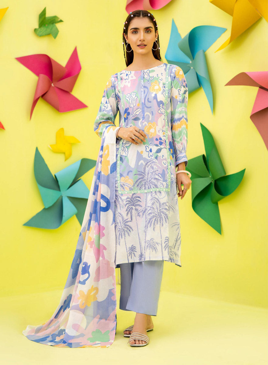 Pure Lawn Pakistani Printed Suit Material with Dupatta Popinn Light Blue