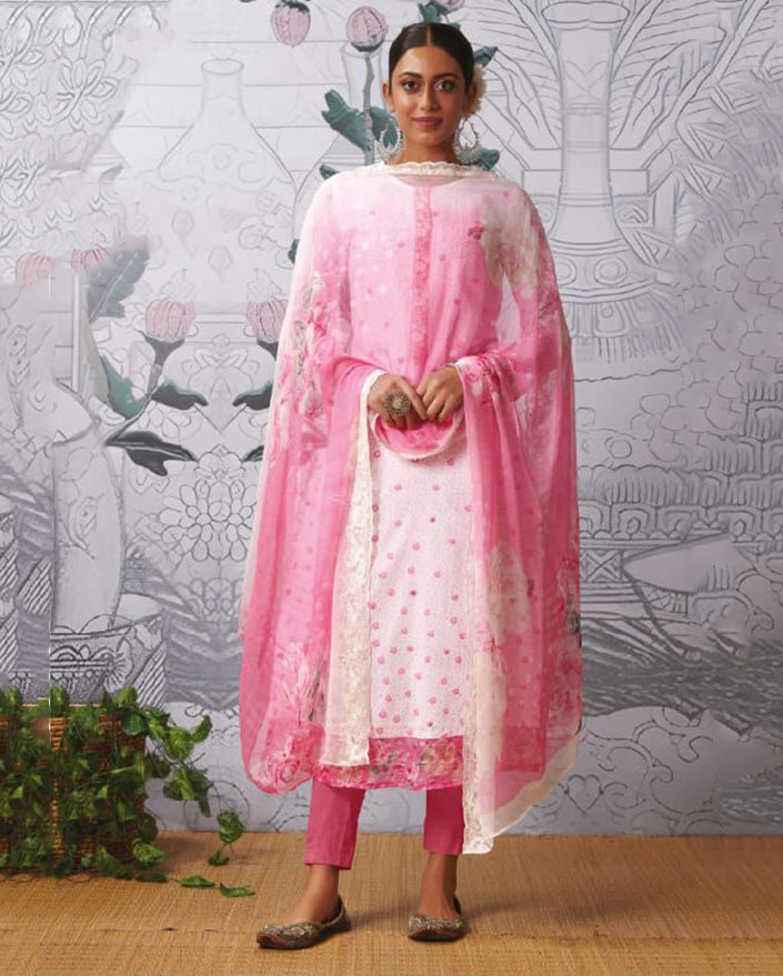 Pure Lawn Cotton White Unstitched Salwar Suit Dress Material for Women