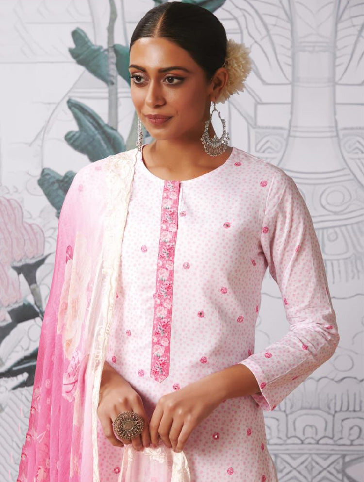 Party Wear Pure Cotton Lawn Unstitched Women Suits Fabric White itrana