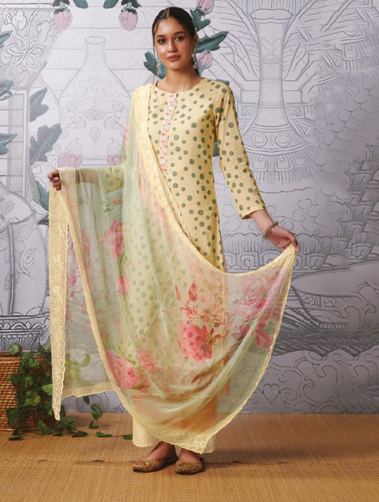 Party Wear Pure Cotton Lawn Unstitched Women Suits Fabric Yellow itrana