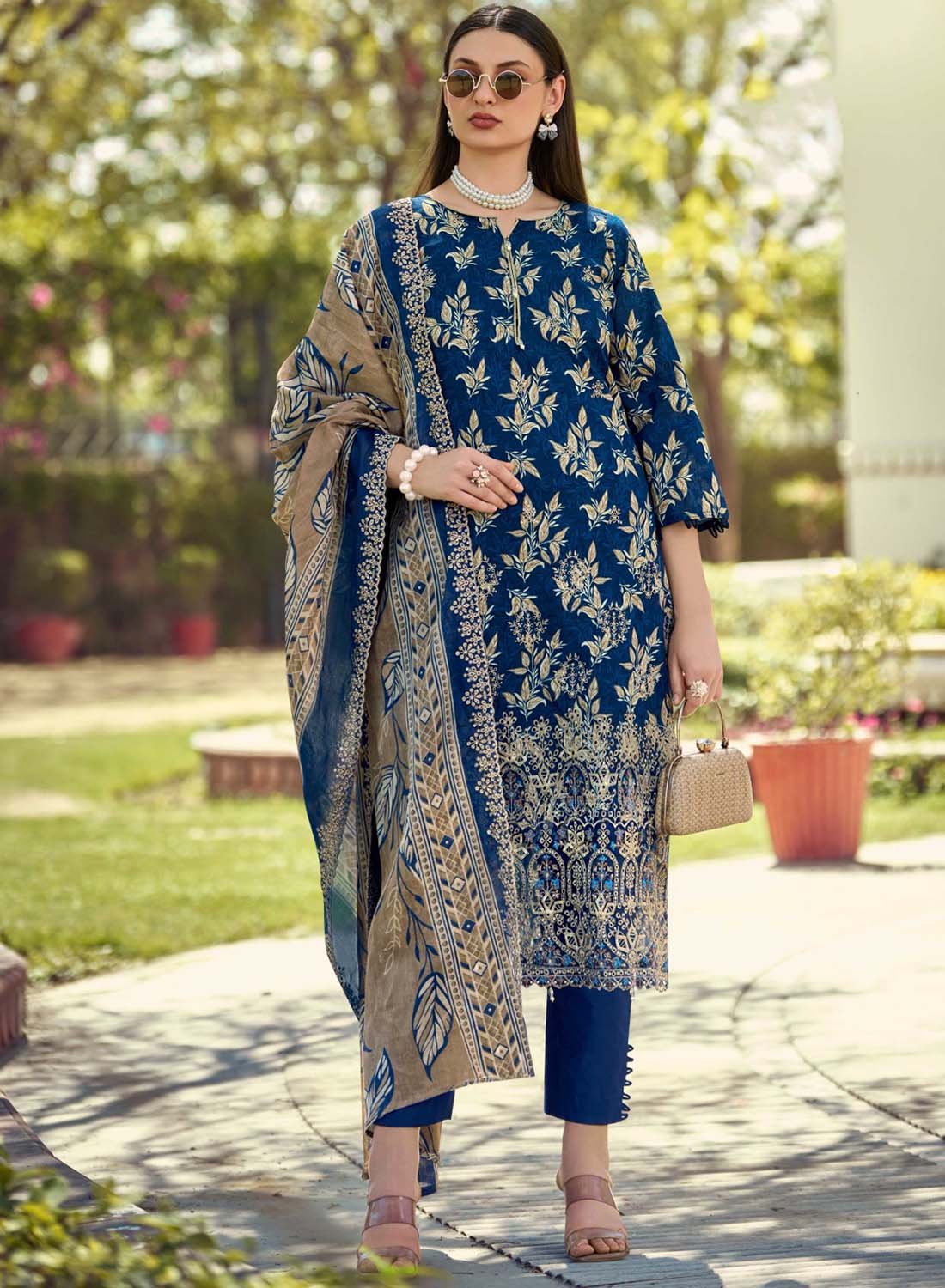 Cotton Unstitched Pakistani Suit Dress Material with Embroidery Blue