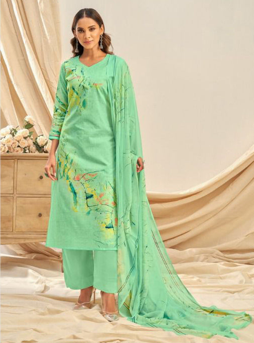 Cotton Linen Printed Green Unstitched Suit with Chiffon Dupatta