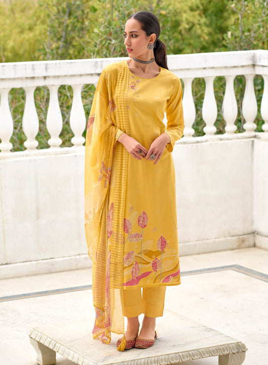 Kilory Yellow Unstitched Cotton Suit Dress Material with Hand Work Kilory Trends