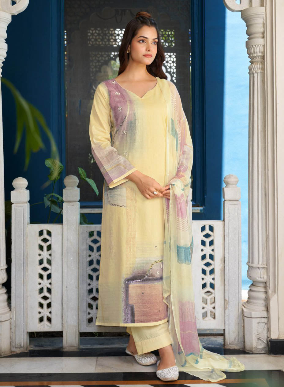 Pure Lawn Cotton Unstitched Salwar Suit Material with Handwork