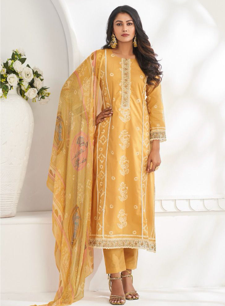 Pure Cambric Cotton Mustard Unstitched Salwar Suit Material with Embroidery