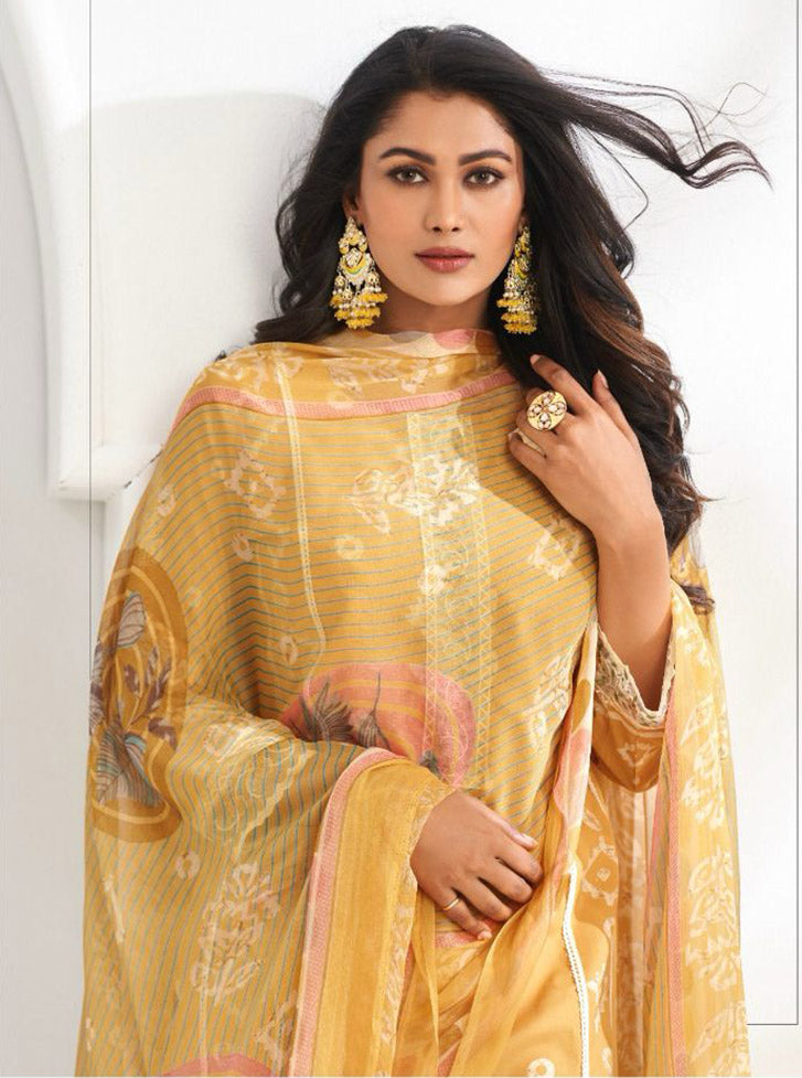 Pure Cambric Cotton Mustard Unstitched Salwar Suit Material with Embroidery