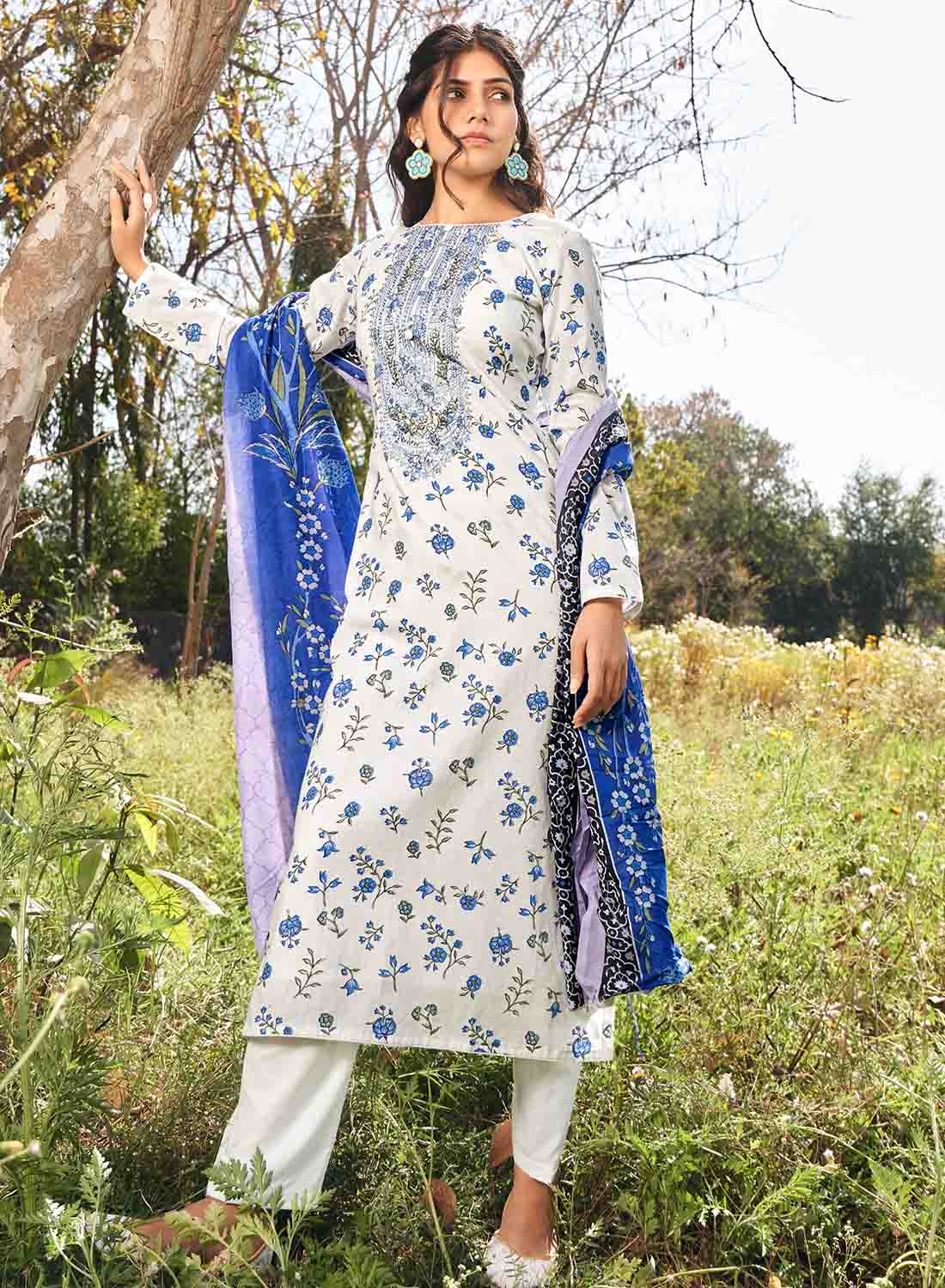 White Pure Lawn Cotton Unstitched Salwar Suit Material for Women