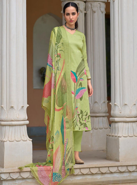 Kilory Green Unstitched Cotton Salwar Suit Material with Hand Work