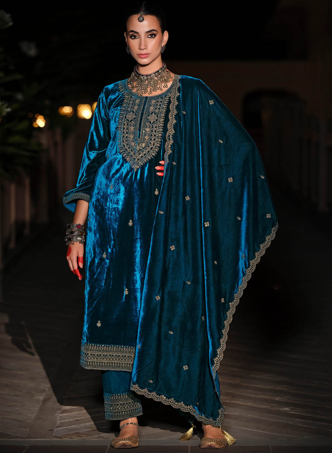 Blue Party Wear Unstitched Winter Velvet Salwar Suit Material with Embroidery