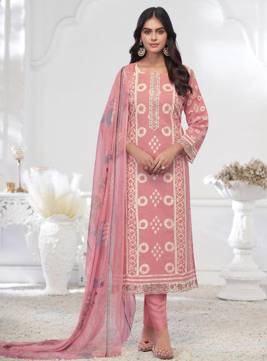 Pure Cambric Cotton Pink Unstitched Suit Material with Chiffon Dupatta