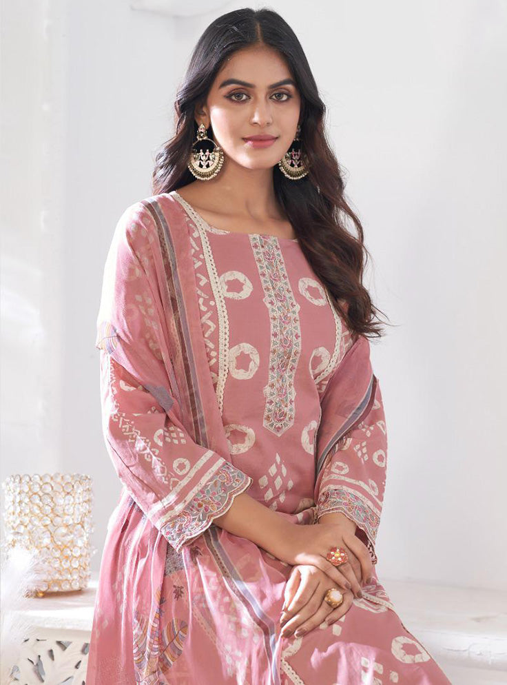 Pure Cambric Cotton Pink Unstitched Suit Material with Chiffon Dupatta