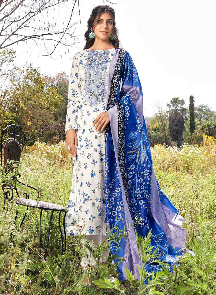 Peach & White Cotton Blend Printed Unstitched Salwar Suit Material main image 1