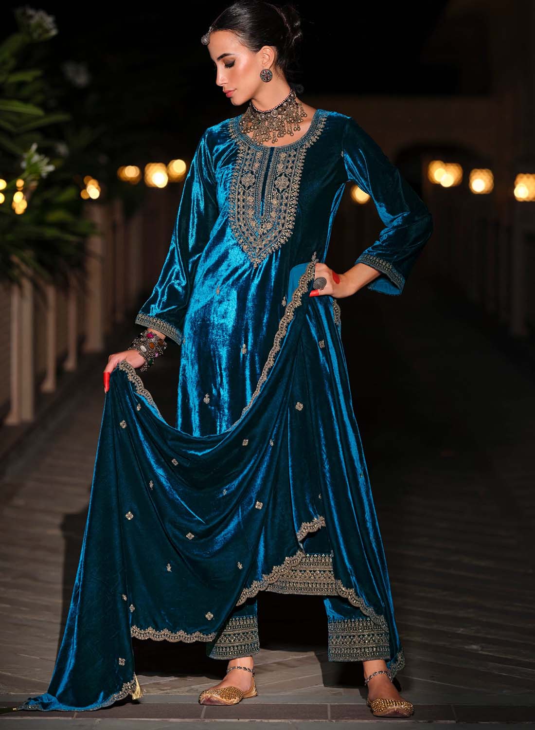 Blue Party Wear Unstitched Winter Velvet Salwar Suit Material with Embroidery