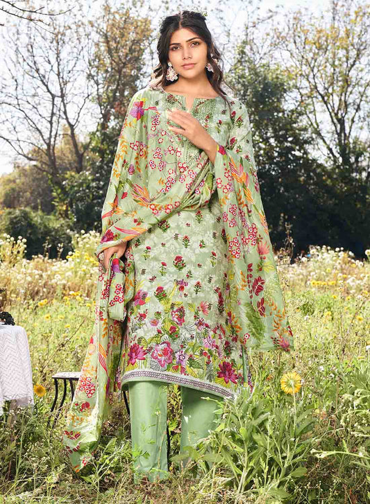 Green Pure Lawn Cotton Unstitched Salwar Suit Material for Women