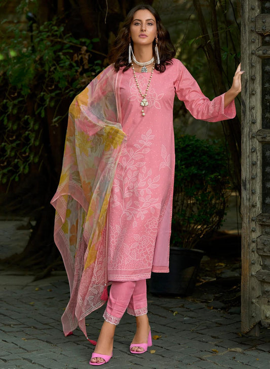 Women's Pure Lawn Cotton Pink Unstitched Suit Dress Material