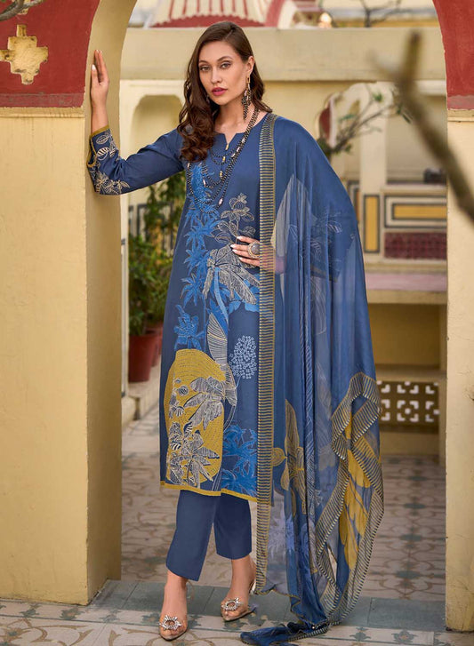 Blue Unstitched Pure Lawn Cotton Suit Dress Material for Women