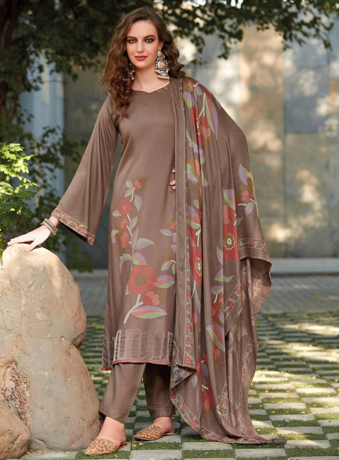 Brown Unstitched Pashmina Winter Suit Dress Material with Fancy Embroidery