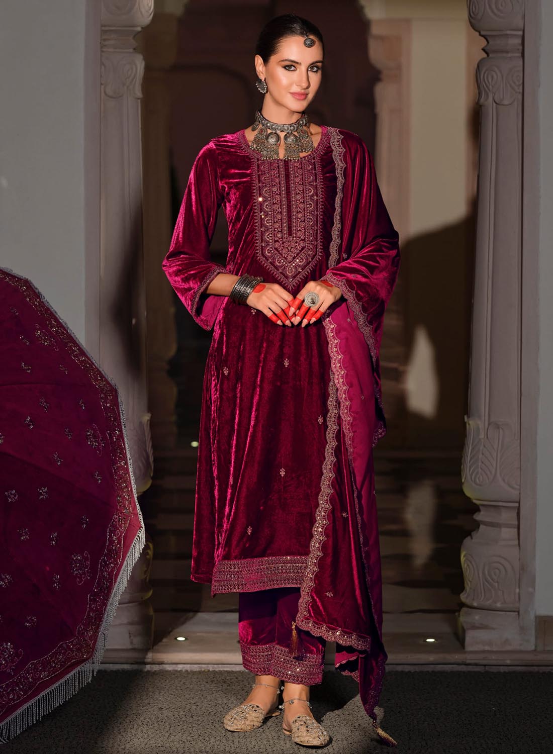 Party Wear Unstitched Winter Velvet Suit Dress Material with Heavy Embroidery