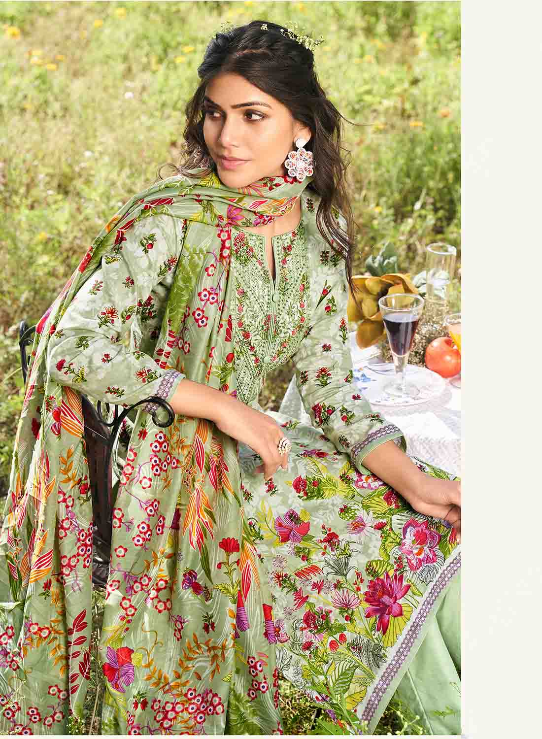 Green Pure Lawn Cotton Unstitched Salwar Suit Material for Women