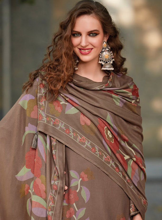 Brown Unstitched Pashmina Winter Suit Dress Material with Fancy Embroidery