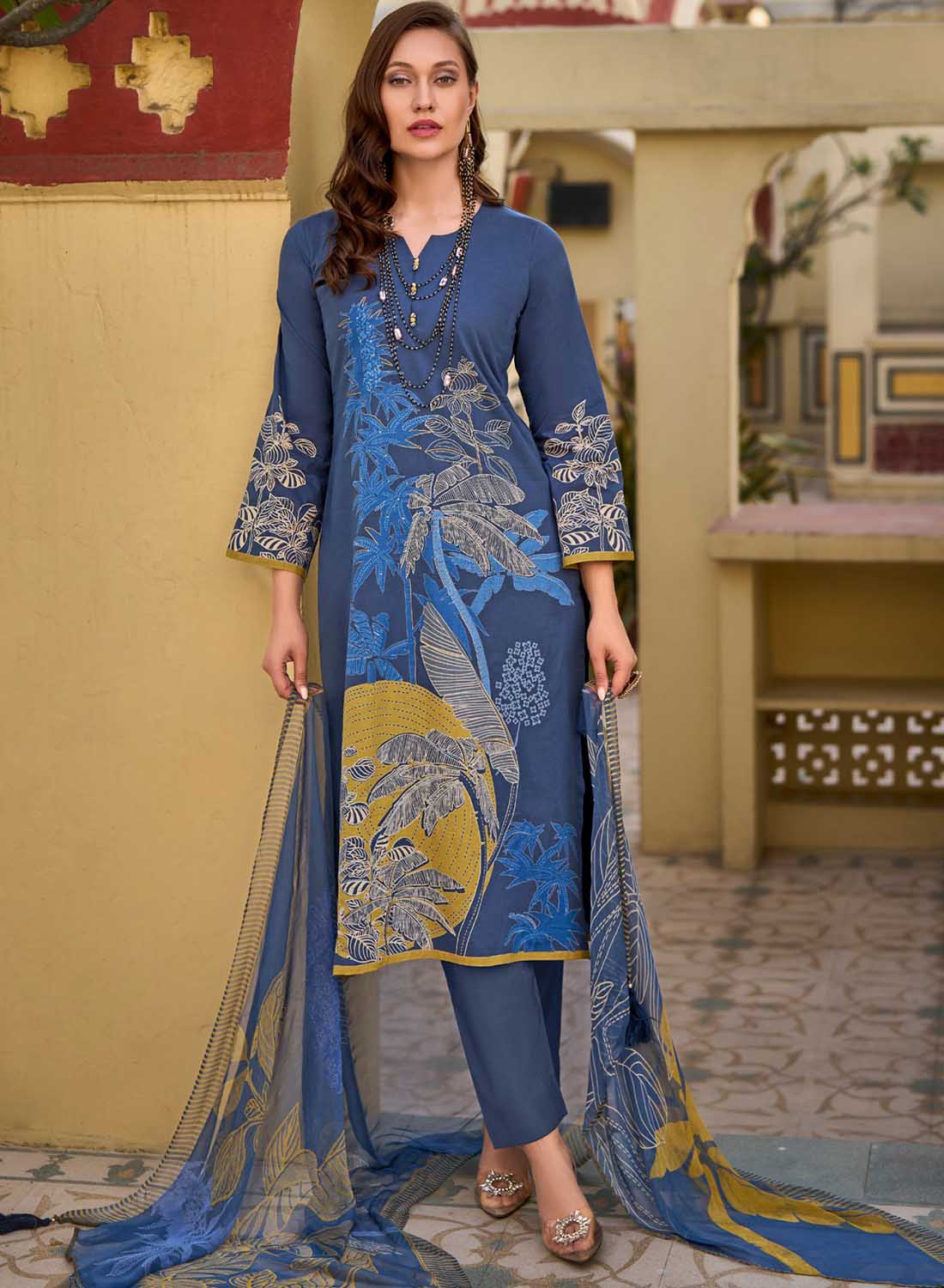 Blue Unstitched Pure Lawn Cotton Suit Dress Material for Women