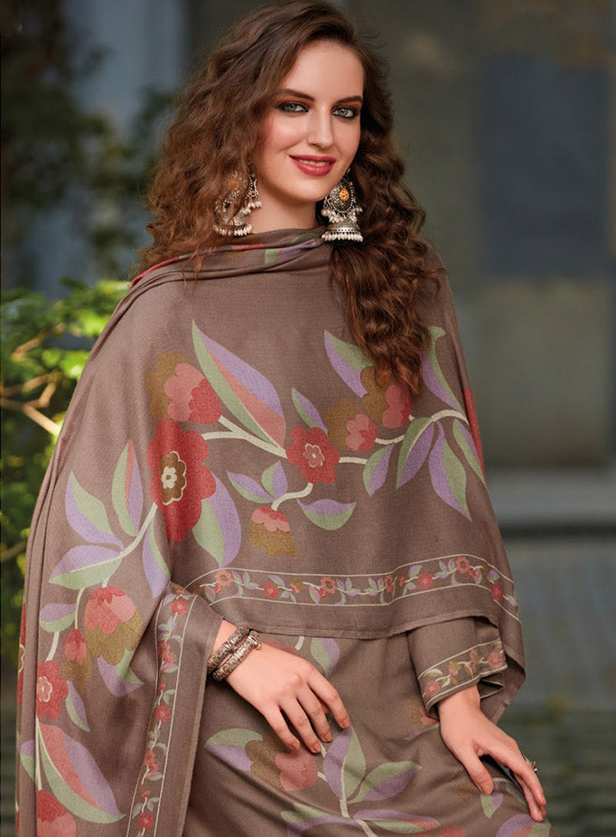 Brown Unstitched Pashmina Winter Suit Dress Material with Fancy Embroidery