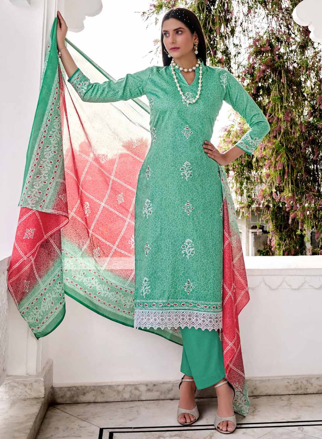 Pure Cotton Printed Unstitched Suit Material with Mirror Work and Lace