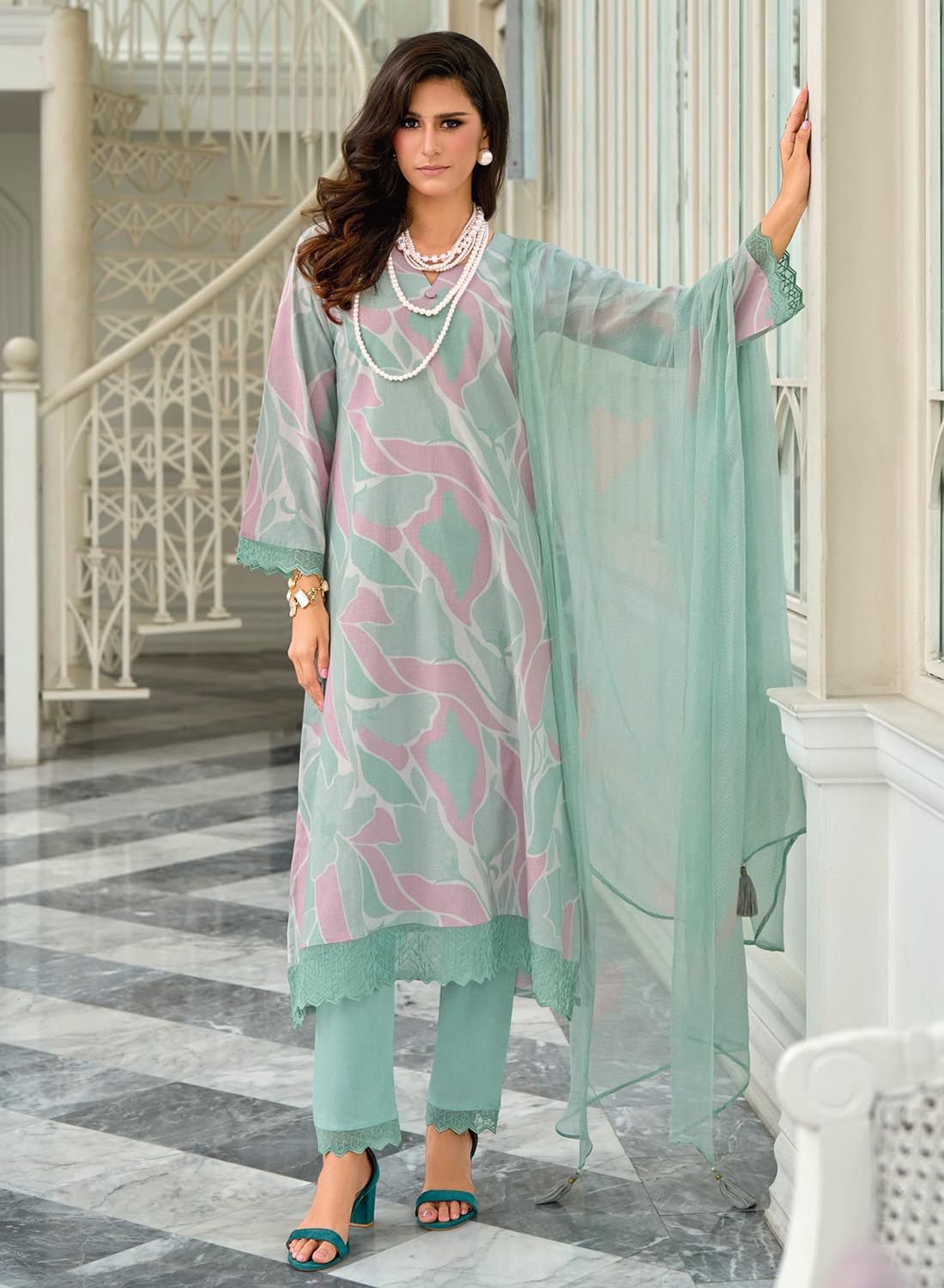 Unstitched Pure Lawn Cotton Suit Material Printed with Embroidery Work