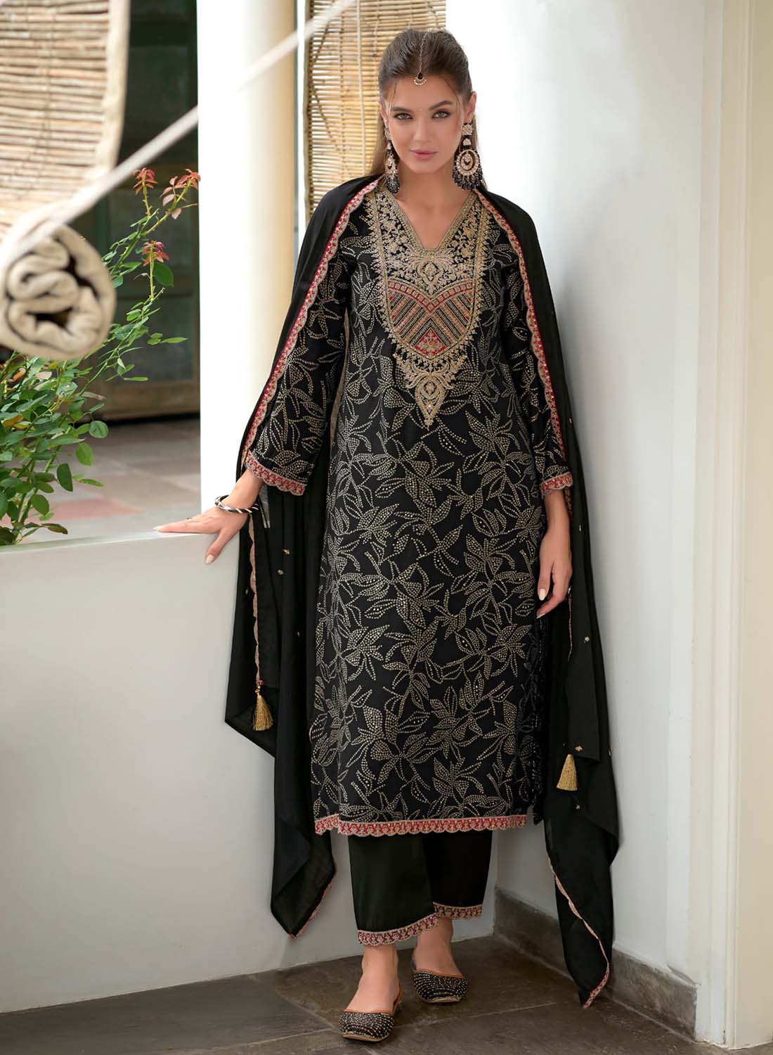 Black Embroidered Party Wear Viscose Modal Silk Unstitched Suit Material